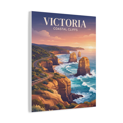 Vertical canvas wall art featuring coastal cliffs, rolling waves, and a sunset sky.