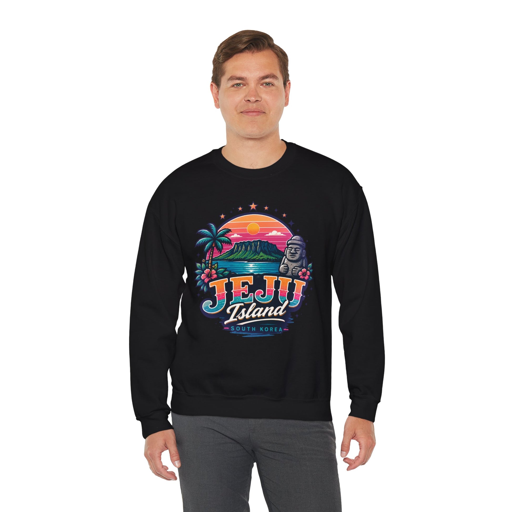 Black crewneck sweatshirt with colorful front graphic print