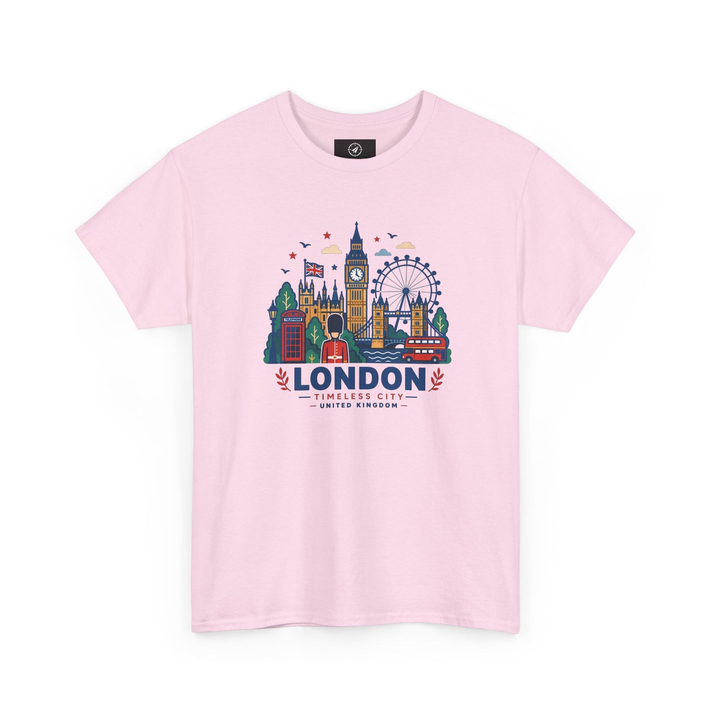 Light pink crew neck T-shirt with colorful London skyline graphic on the front