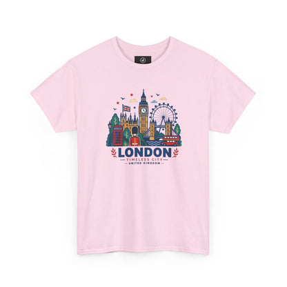 Light pink crew neck T-shirt with colorful London skyline graphic on the front
