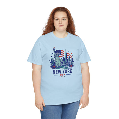 Light blue T-shirt with colorful Statue of Liberty 'NEW YORK USA' graphic and text.