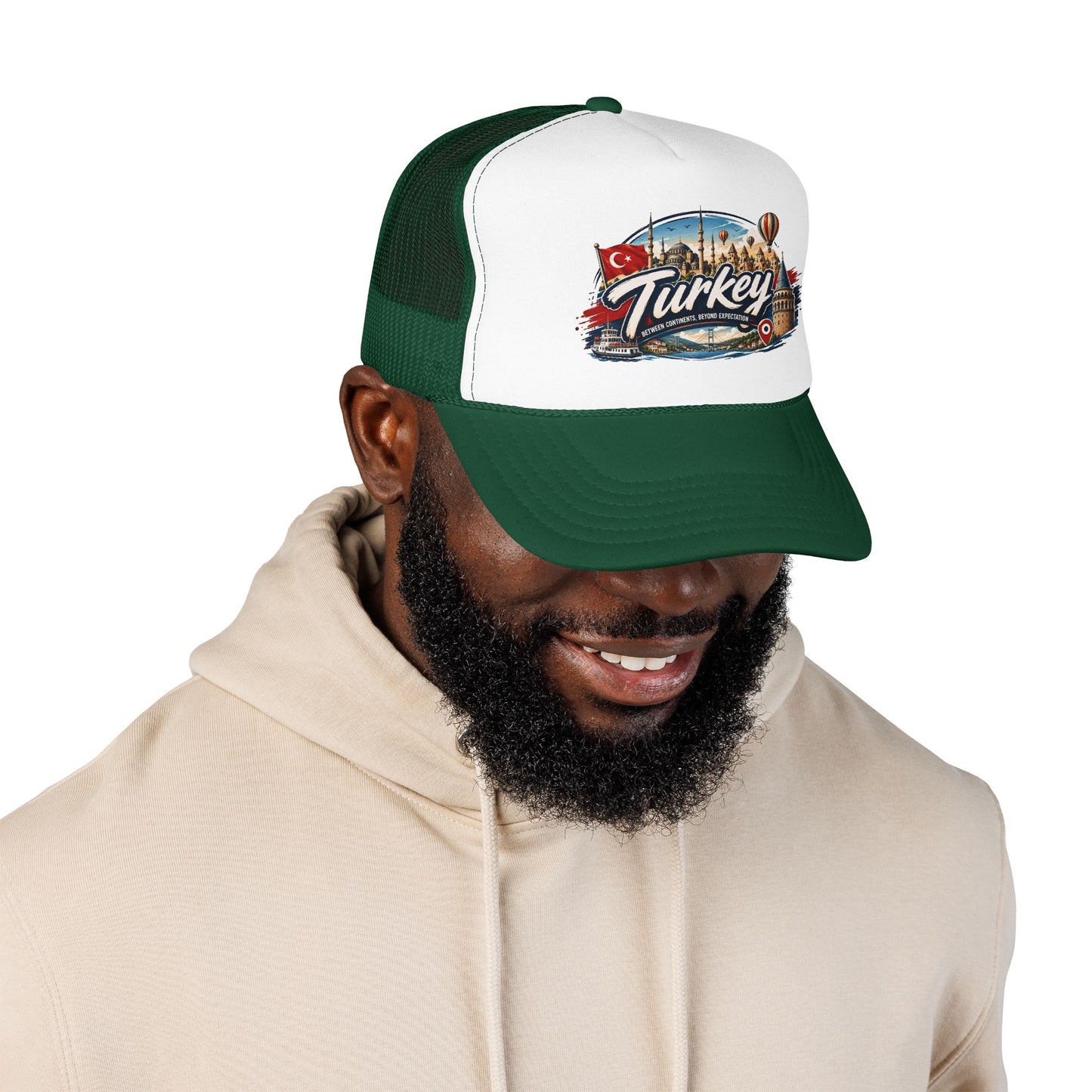 Turkey travel trucker hat with white front and dark green mesh sides, worn by a man