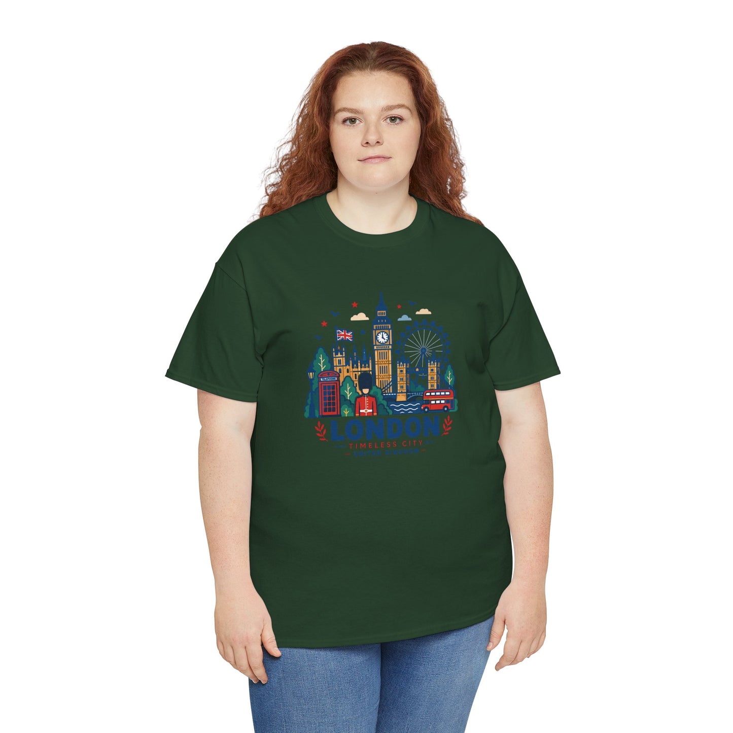 Green crew-neck T-shirt with London skyline graphic, worn by a model.