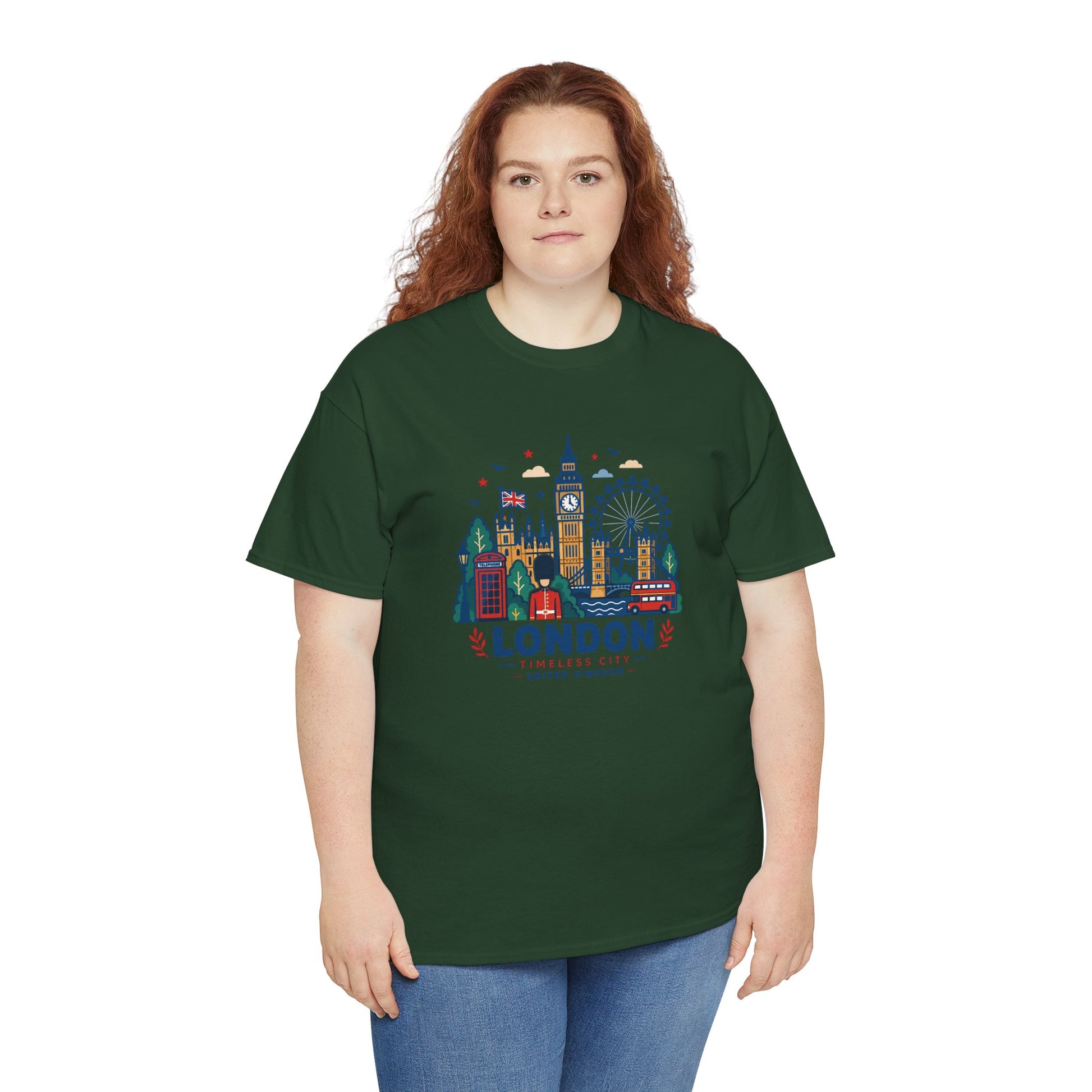 Green crew-neck T-shirt with London skyline graphic, worn by a model.