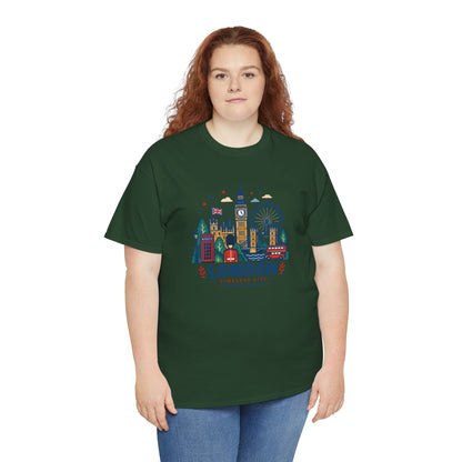 Green crew-neck T-shirt with London skyline graphic, worn by a model.