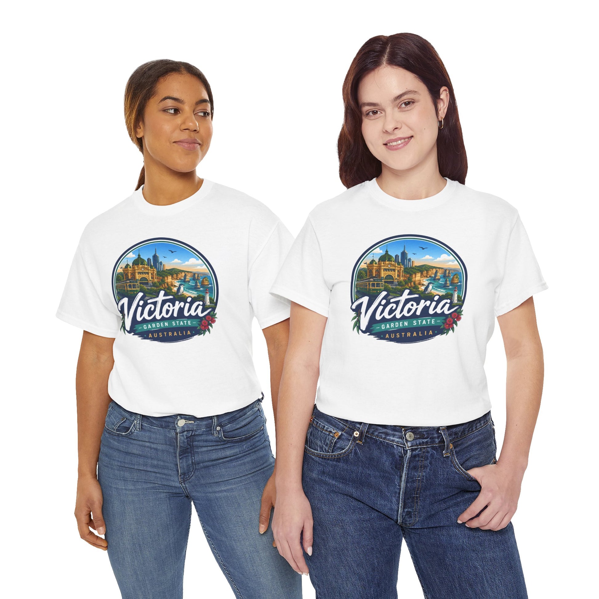 White travel tee with Victoria Australia front graphic print, worn by two models