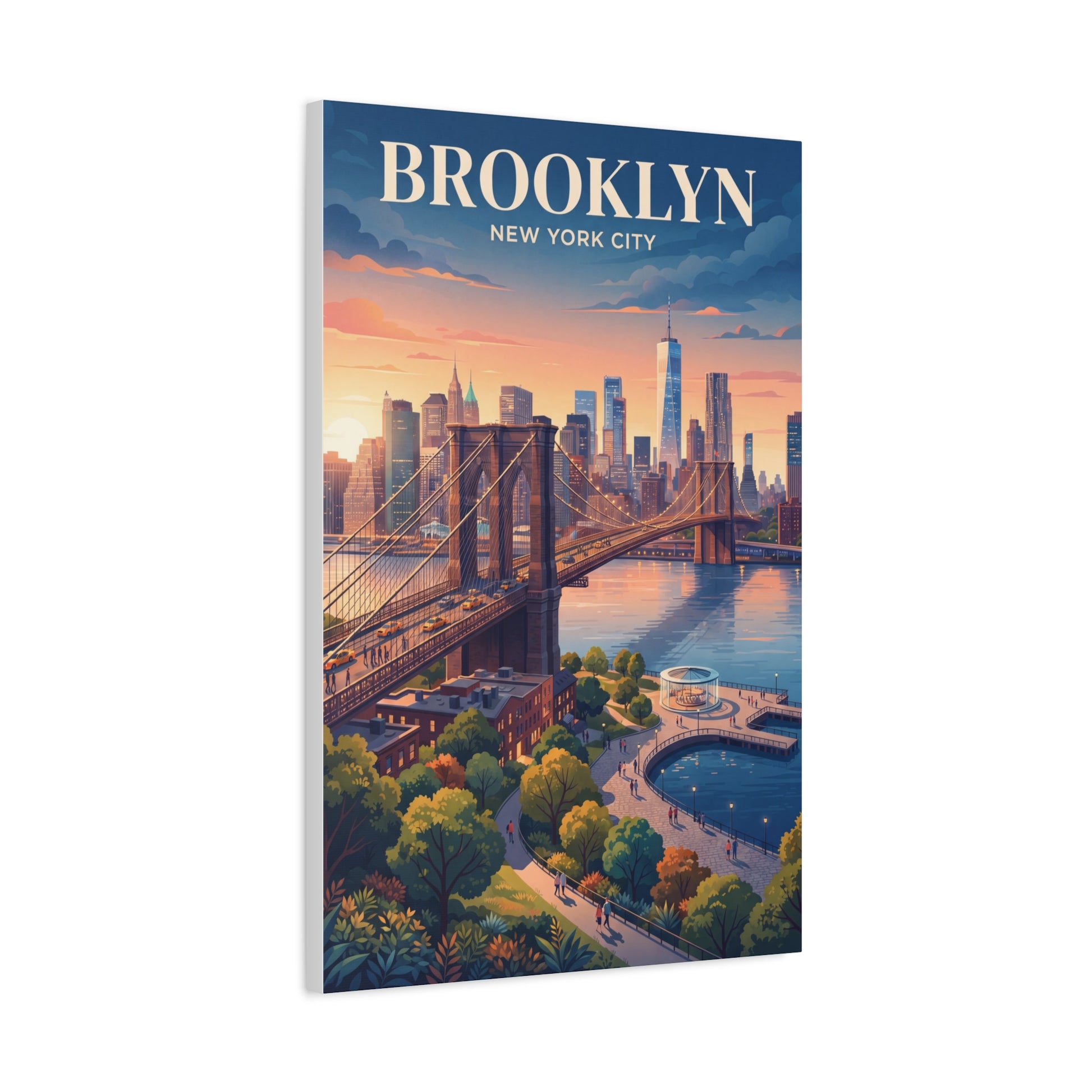 Matte canvas wall art with "BROOKLYN" lettering over New York City skyline and bridge