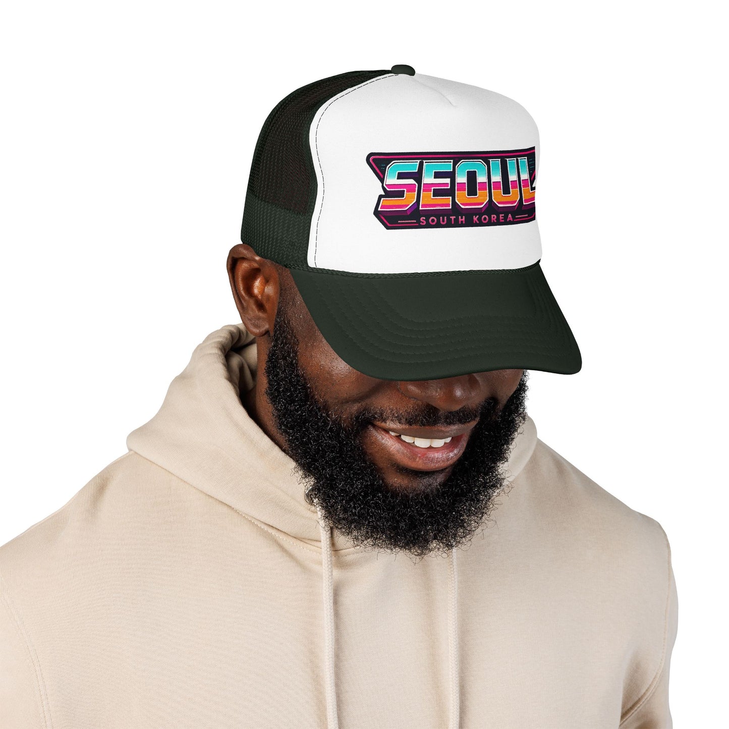 Dark green and white trucker hat with “SEOUL South Korea” logo patch, worn by model