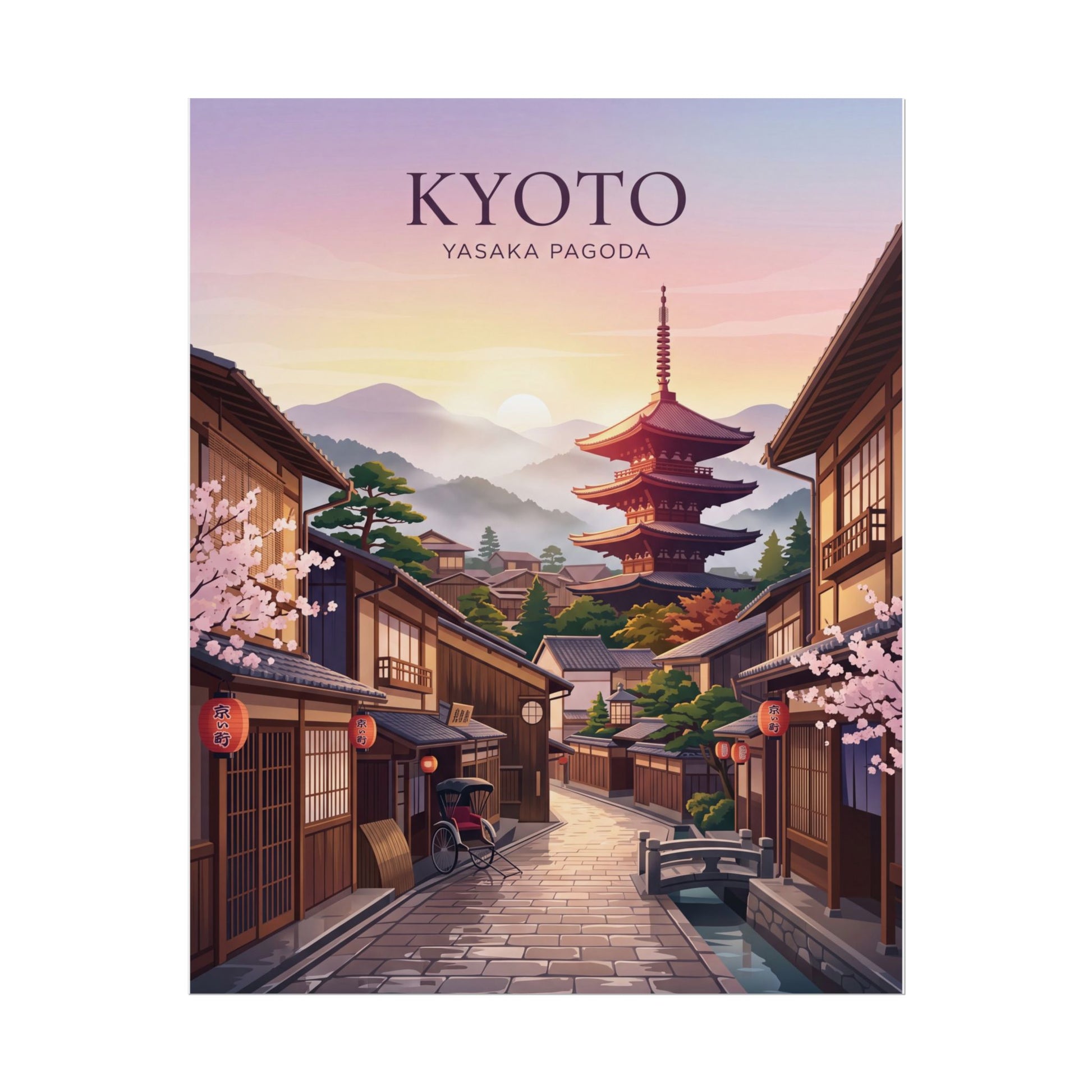Rolled poster featuring Kyoto street and Yasaka Pagoda under a pink-orange sunset sky.