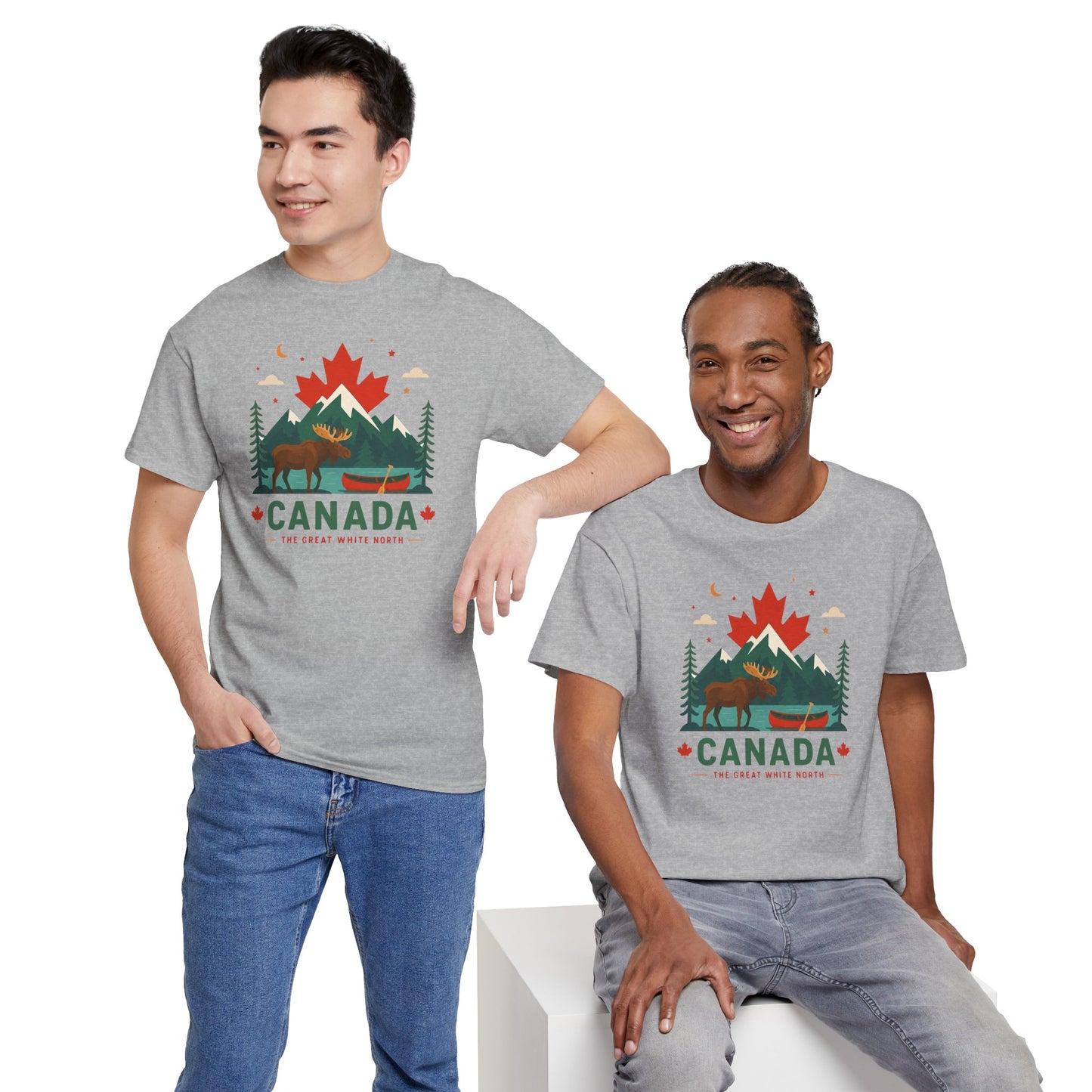 Heather grey crew-neck tee with Canada graphic, worn by two models