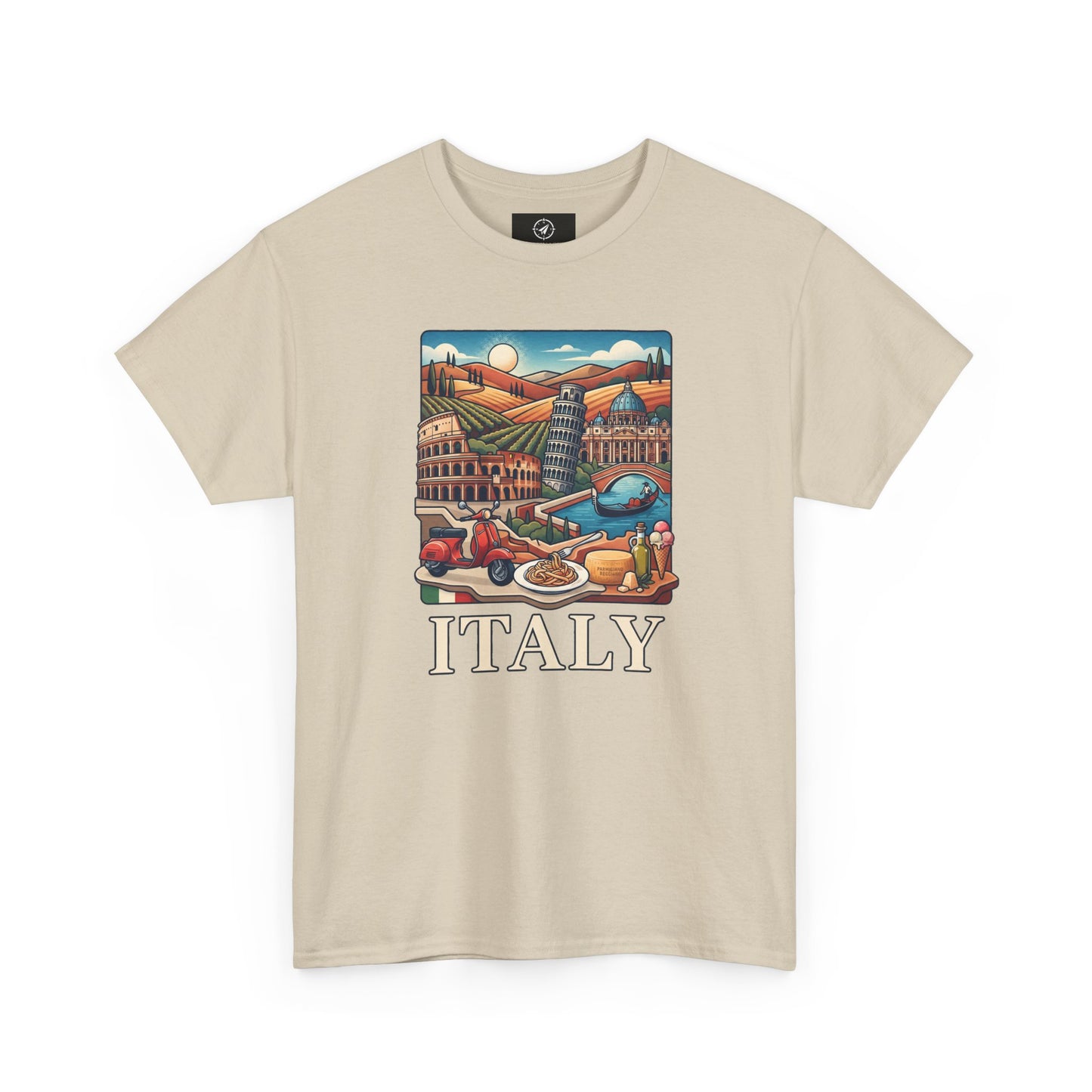 Beige short-sleeve crewneck graphic T-shirt with Italy scene and “ITALY” text