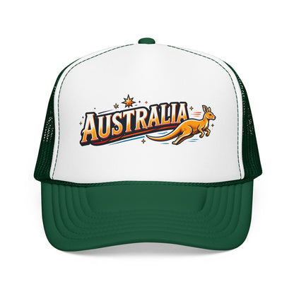 White-and-dark-green trucker hat with mesh side panels; kangaroo emblem on front