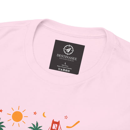 Light pink crew-neck T-shirt with brand tag at neckline and colorful scene accents