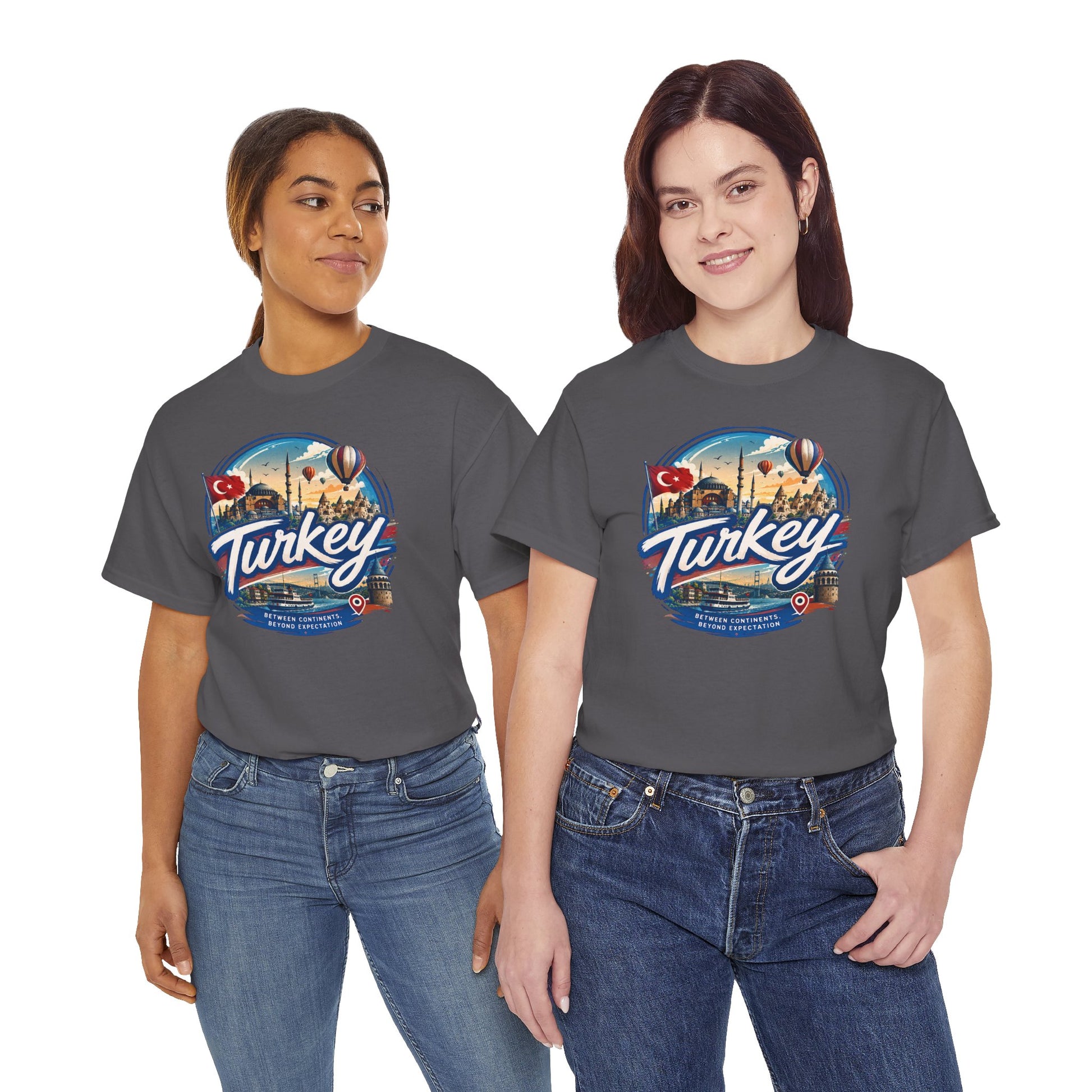 Charcoal crew-neck T-shirt with “Turkey” travel graphic on the chest