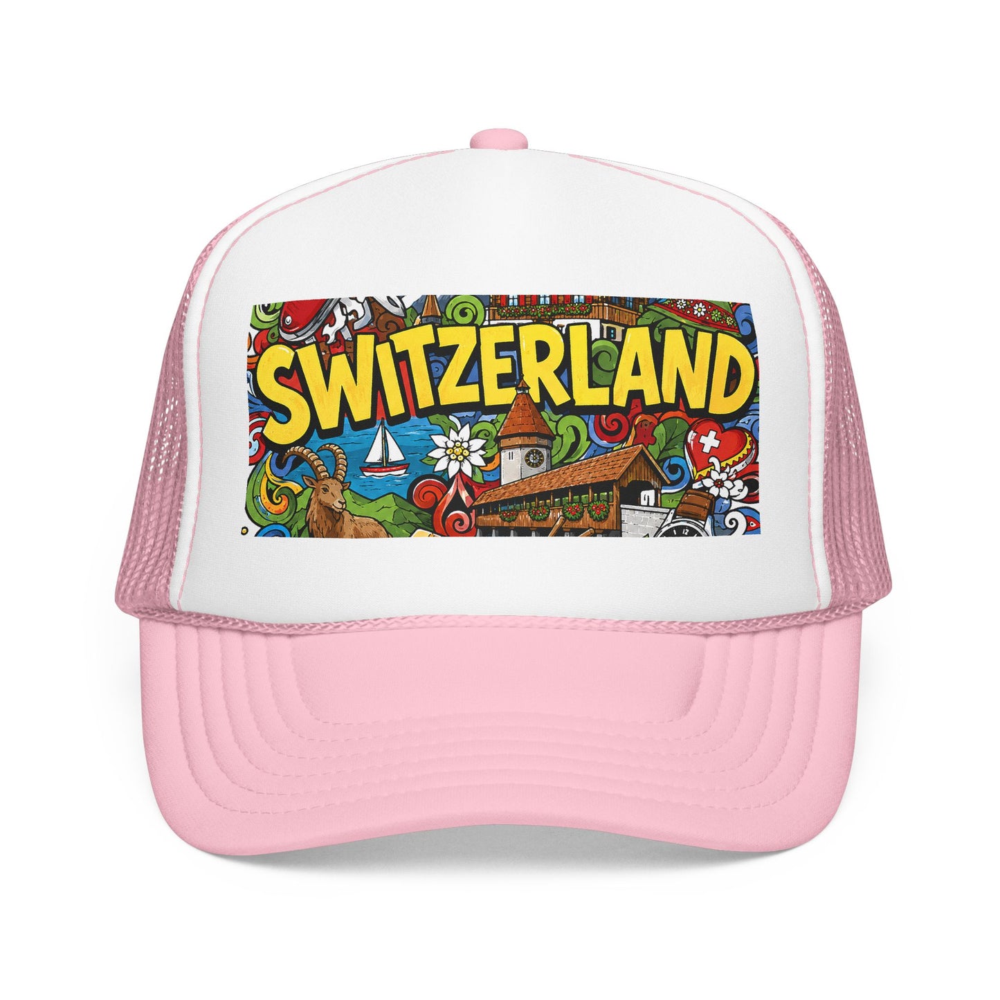 Light pink trucker hat with colorful “SWITZERLAND” doodle graphic front panel.