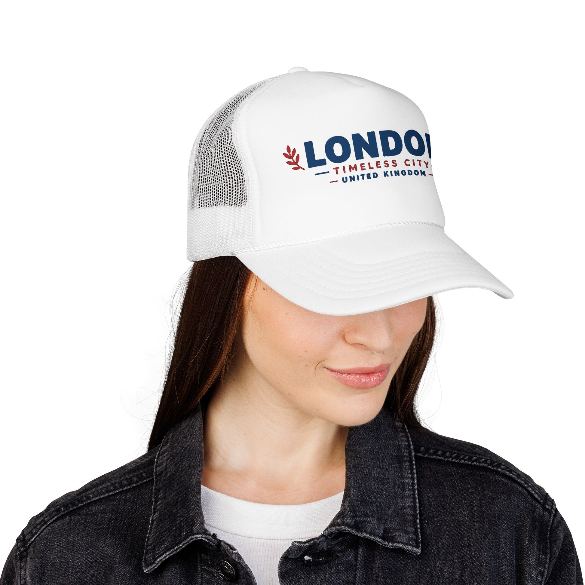 London Timbers trucker hat with white front, light gray mesh panels, and LONDON logo.