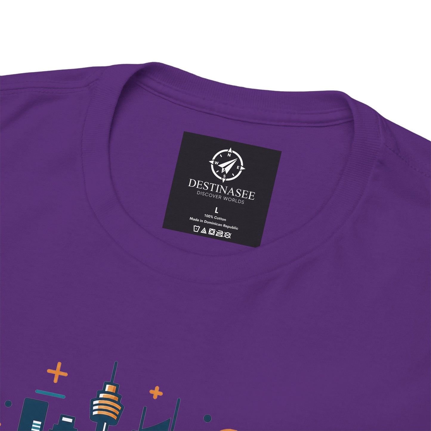 Purple crew-neck T-shirt with printed neck label and Sydney cityscape graphic