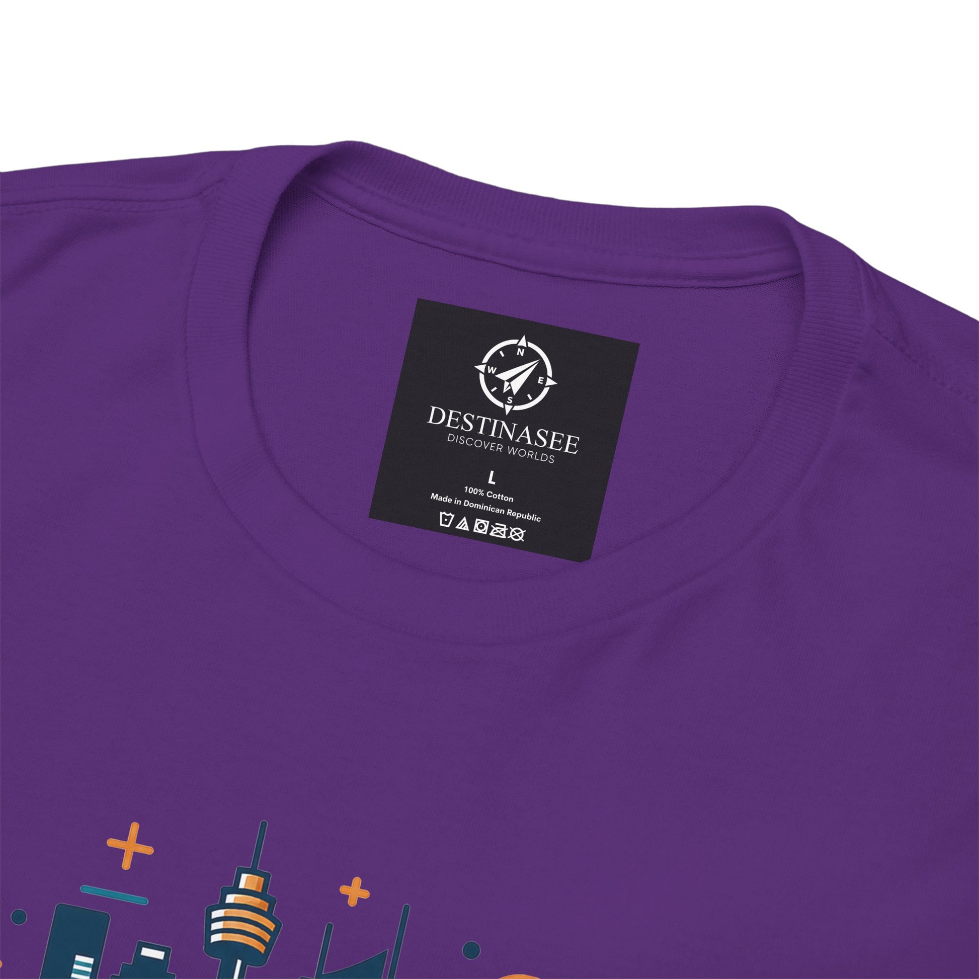 Purple crew-neck T-shirt with printed neck label and Sydney cityscape graphic
