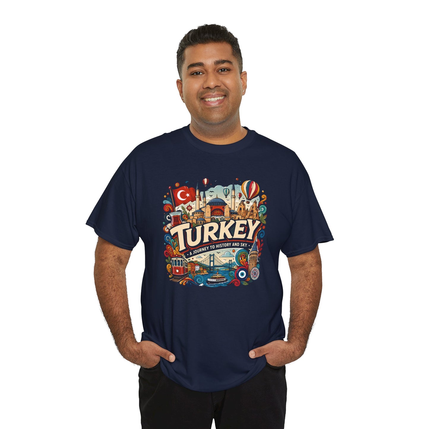 Navy graphic tee with colorful Turkey cityscape illustration on the chest