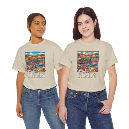 Natural T-shirt with vintage Italy scenic graphic and 'ITALY' text