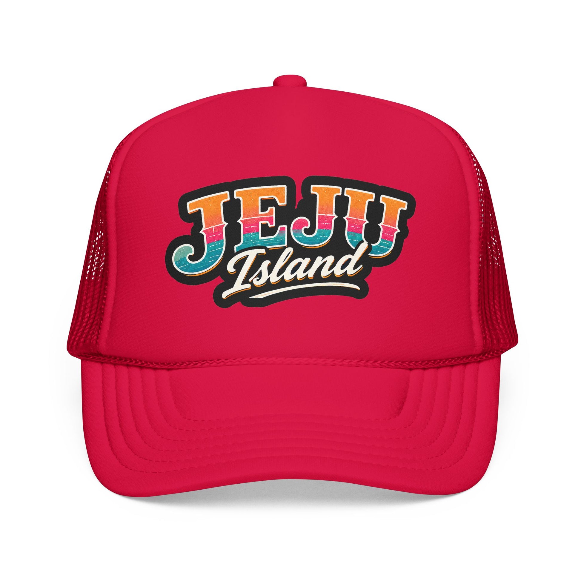 Red foam trucker hat with front “JEJU Island” logo patch and curved brim