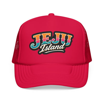 Red foam trucker hat with front “JEJU Island” logo patch and curved brim