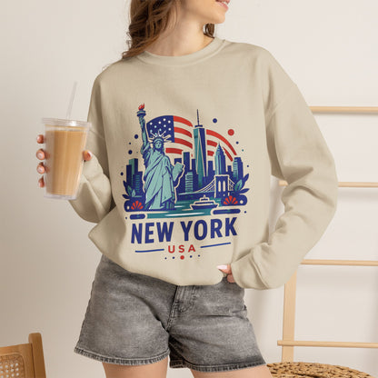 Beige crewneck sweatshirt with New York skyline graphic and USA text