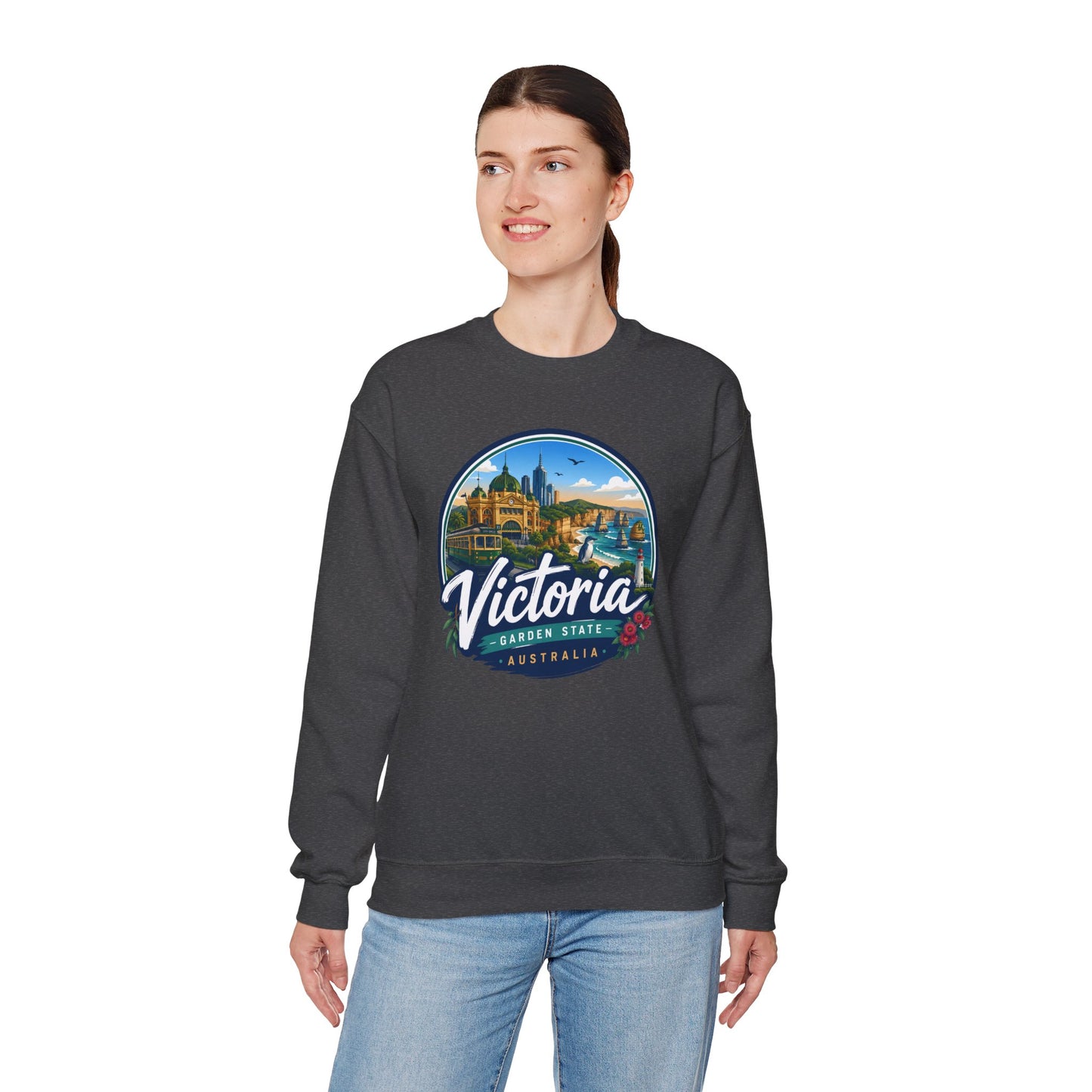 Dark heather vintage crewneck sweatshirt with Victoria Australia graphic at the chest