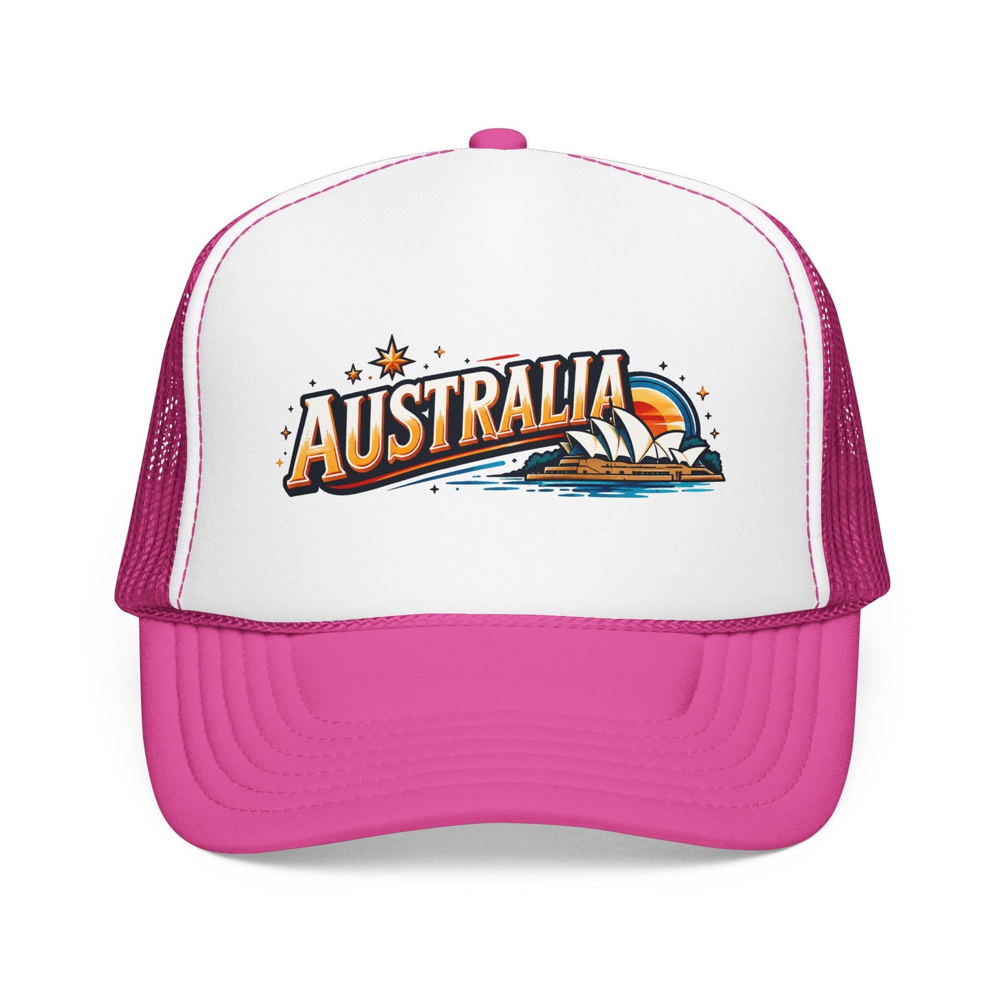 White front panel pink trucker cap with Australia graphic and curved brim