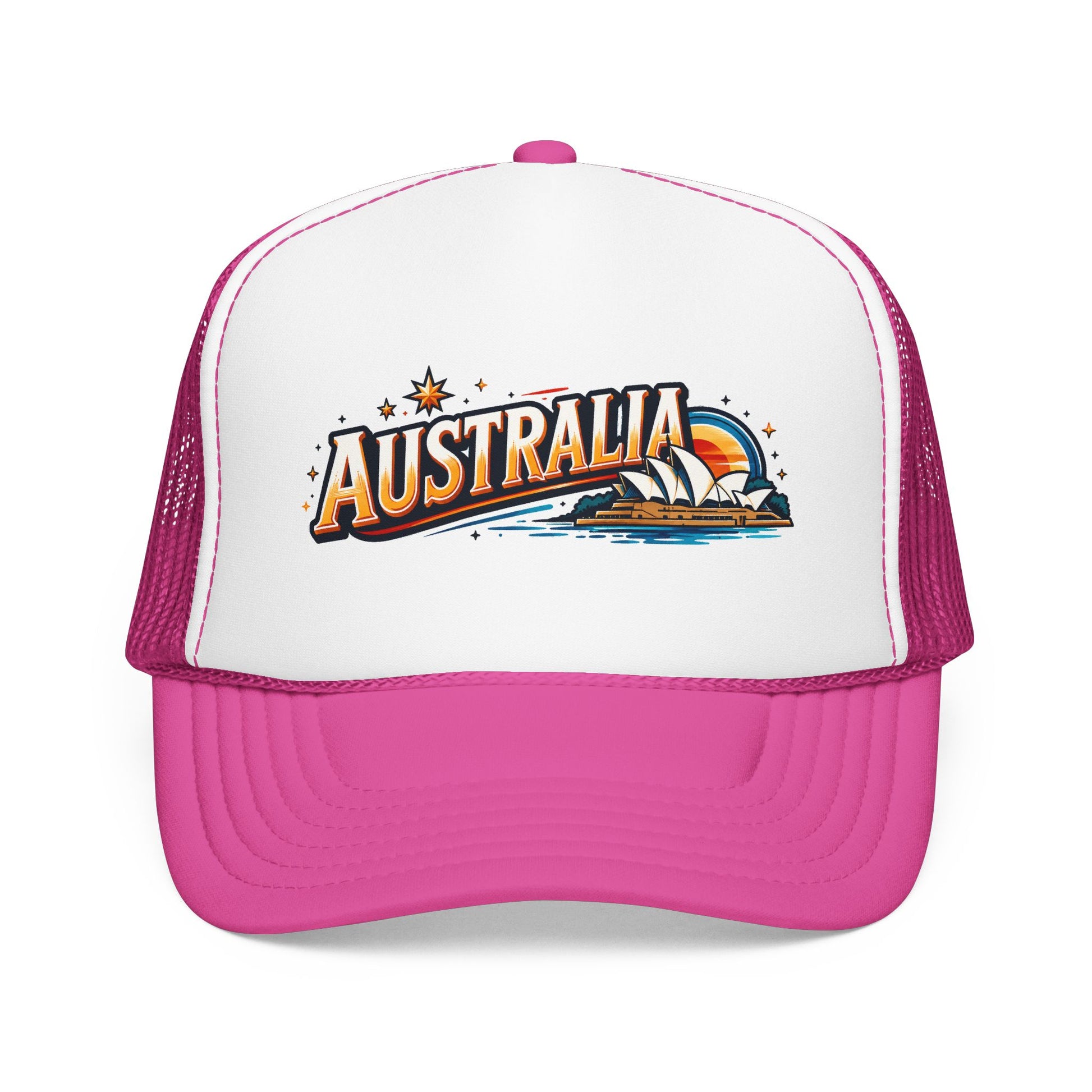 White front panel pink trucker cap with Australia graphic and curved brim