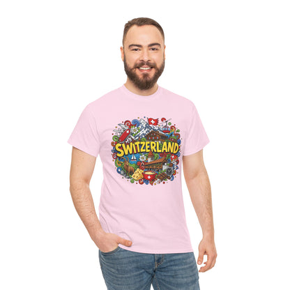 Light pink Switzerland travel T-shirt with colorful round chest graphic