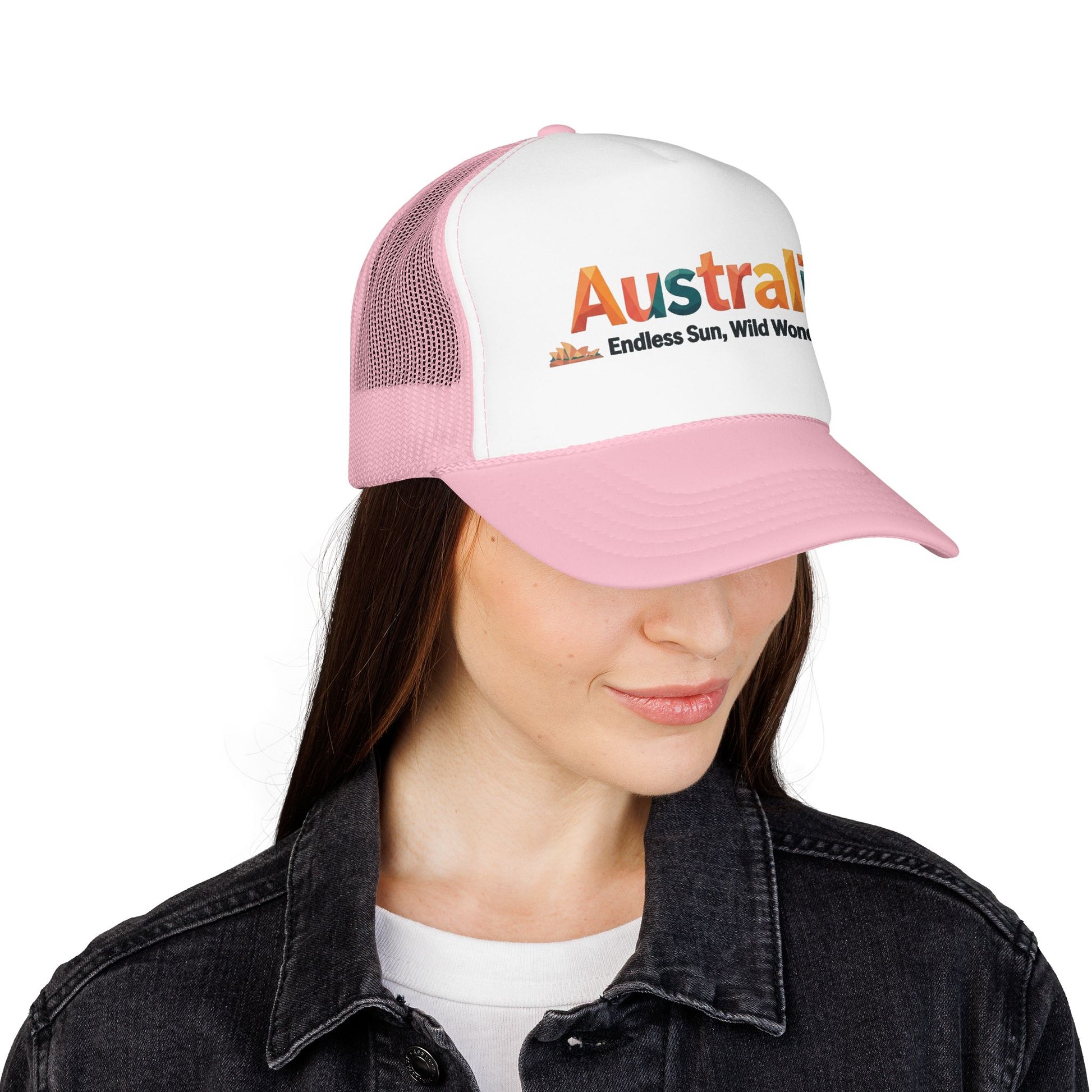 Australia vintage travel trucker cap on model, white front with light pink mesh and brim