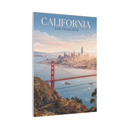 Golden Gate Bridge canvas wall art with “California” header and bridge over water