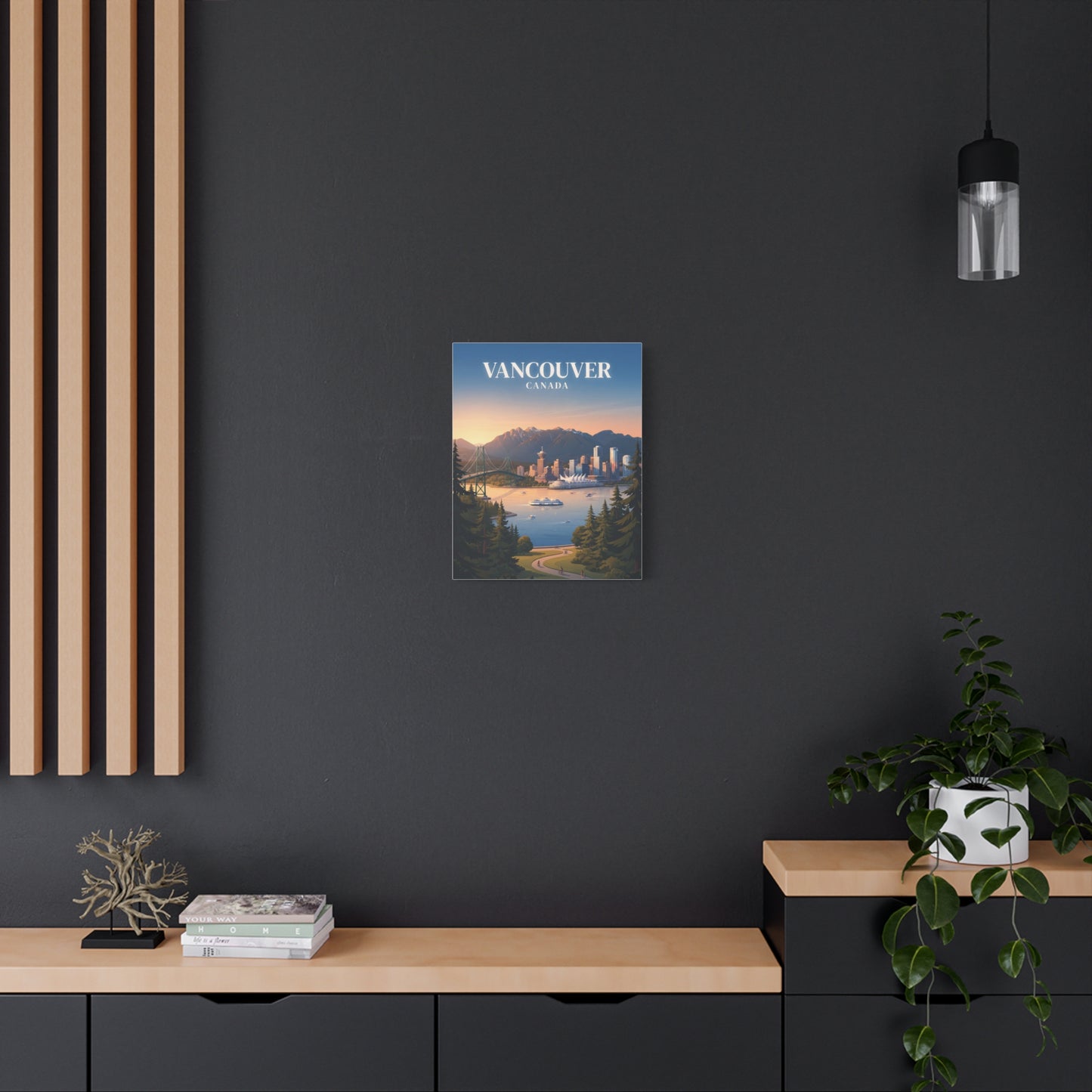 Matte canvas wall art on wall, showing blue-sky city skyline, mountains, and harbor.