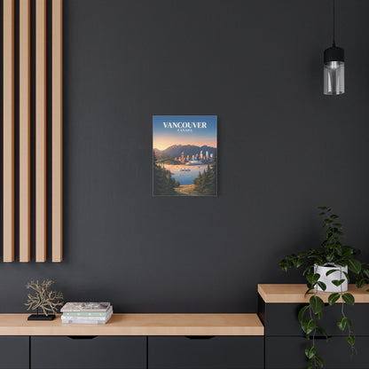 Matte canvas wall art on wall, showing blue-sky city skyline, mountains, and harbor.