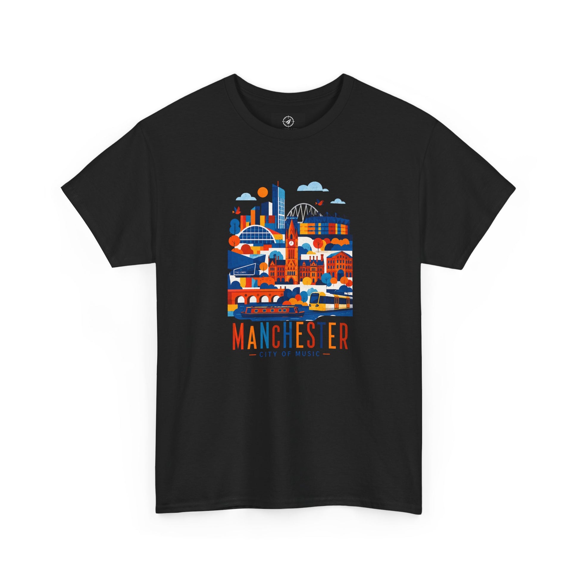 Black short-sleeve crewneck T-shirt with Manchester skyline graphic on front