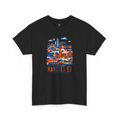 Black short-sleeve crewneck T-shirt with Manchester skyline graphic on front