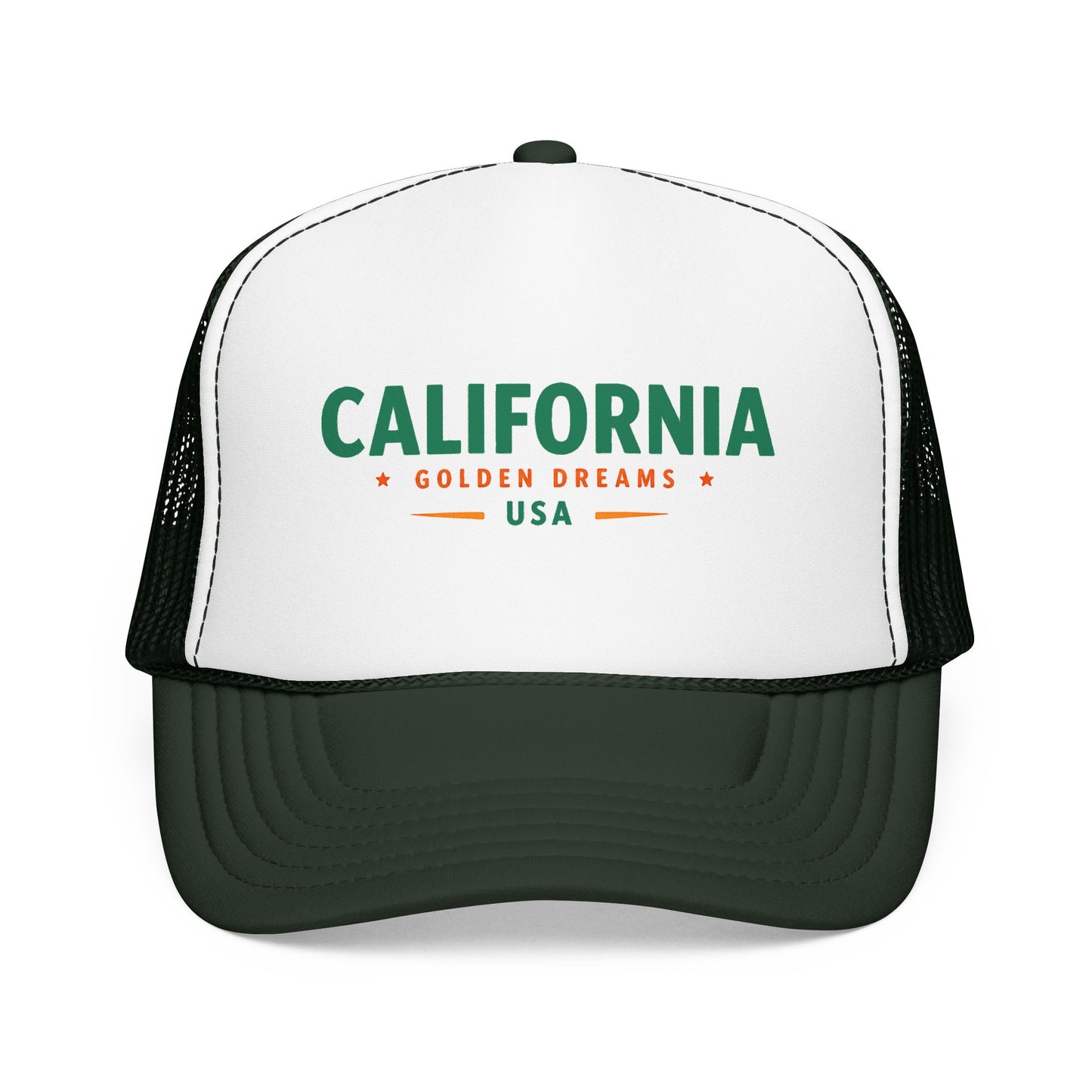White trucker hat with green California graphic and black mesh sides