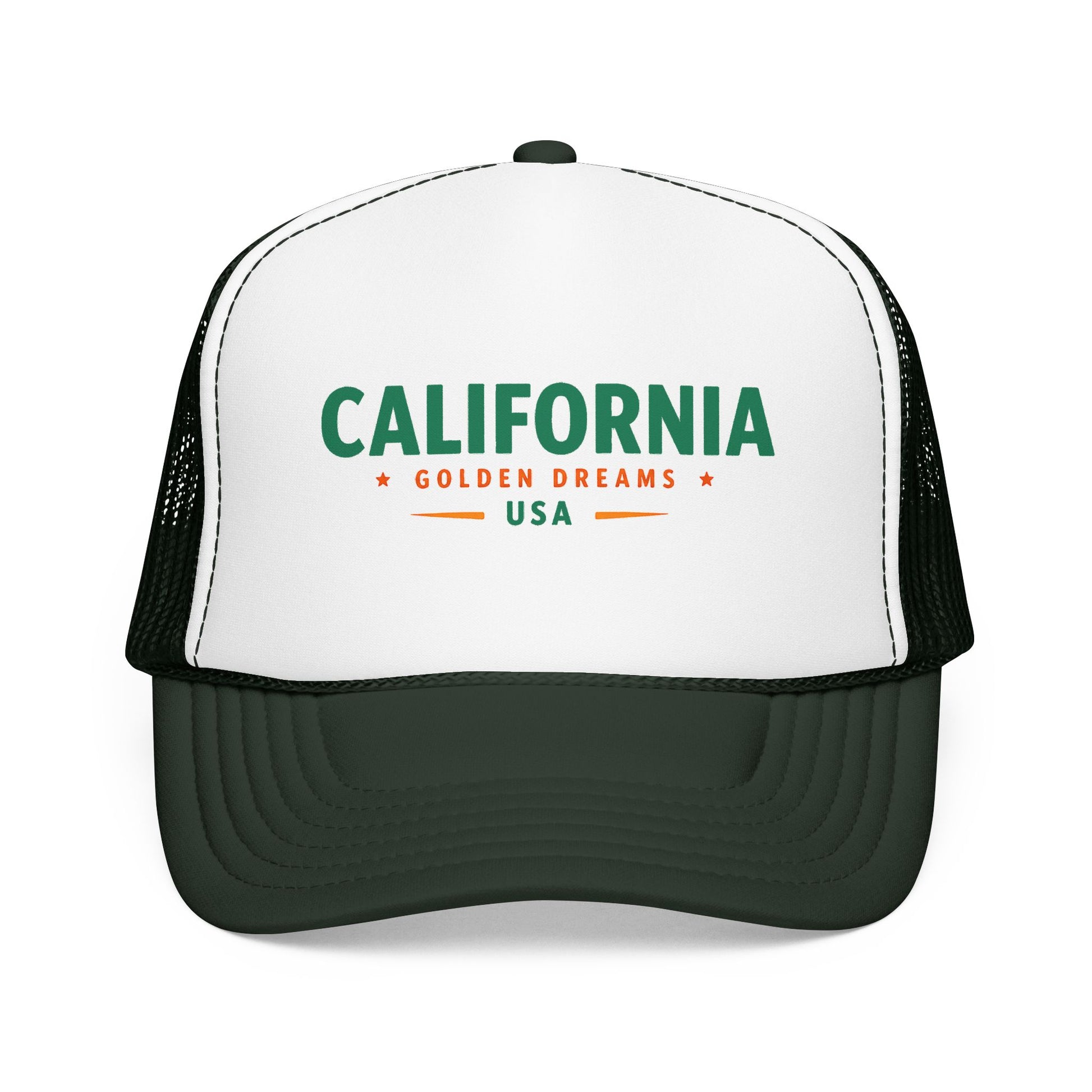 White trucker hat with green California graphic and black mesh sides