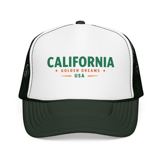 White trucker hat with green California graphic and black mesh sides