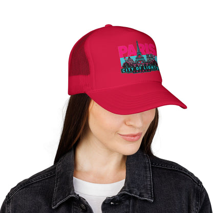 Red trucker hat with “PARIS City of Lights” graphic on the front panel and mesh sides.