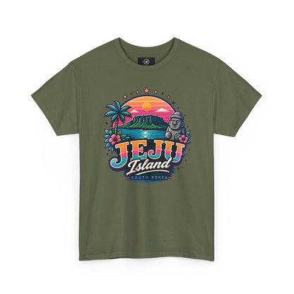 Olive green t-shirt with colorful “JEJU Island” sunset logo and South Korea text graphic