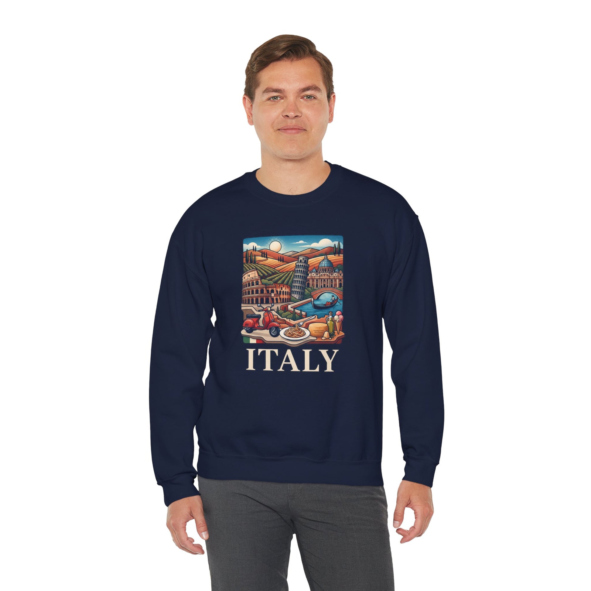 Dark navy crewneck sweatshirt with colorful 'ITALY' graphic on the chest
