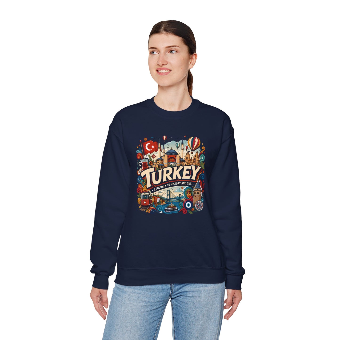 Navy crewneck sweatshirt with colorful Turkey travel graphic on chest