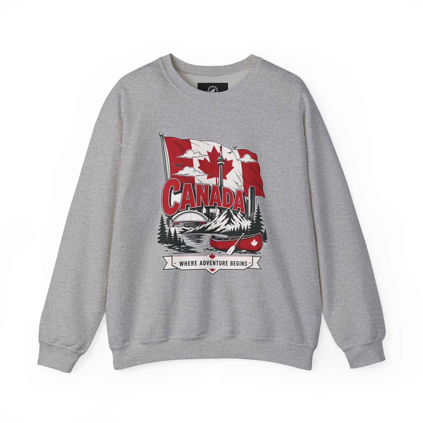 Heather gray crewneck sweatshirt with red Canada flag and canoe graphic on front