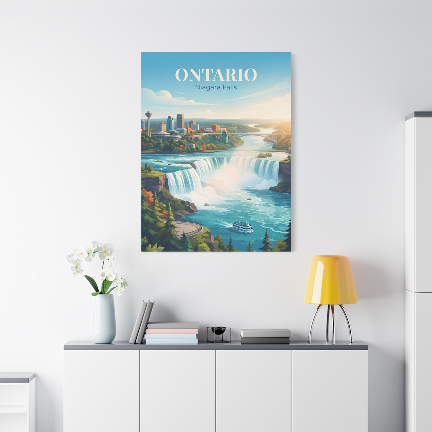 Vertical canvas wall art with Niagara Falls scene, boats, trees, and “Ontario” title