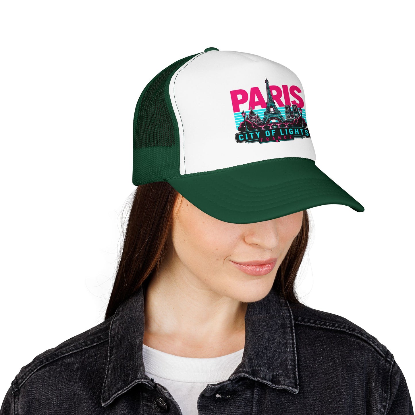 White front trucker hat with dark green mesh and “PARIS City of Lights” front print