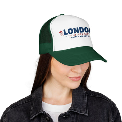 Dark green-and-white trucker hat with white front and dark green mesh sides, LONDON logo