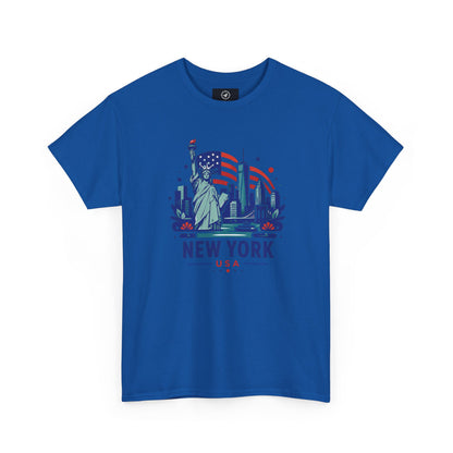 Royal blue T-shirt with Statue of Liberty and New York USA graphic on front