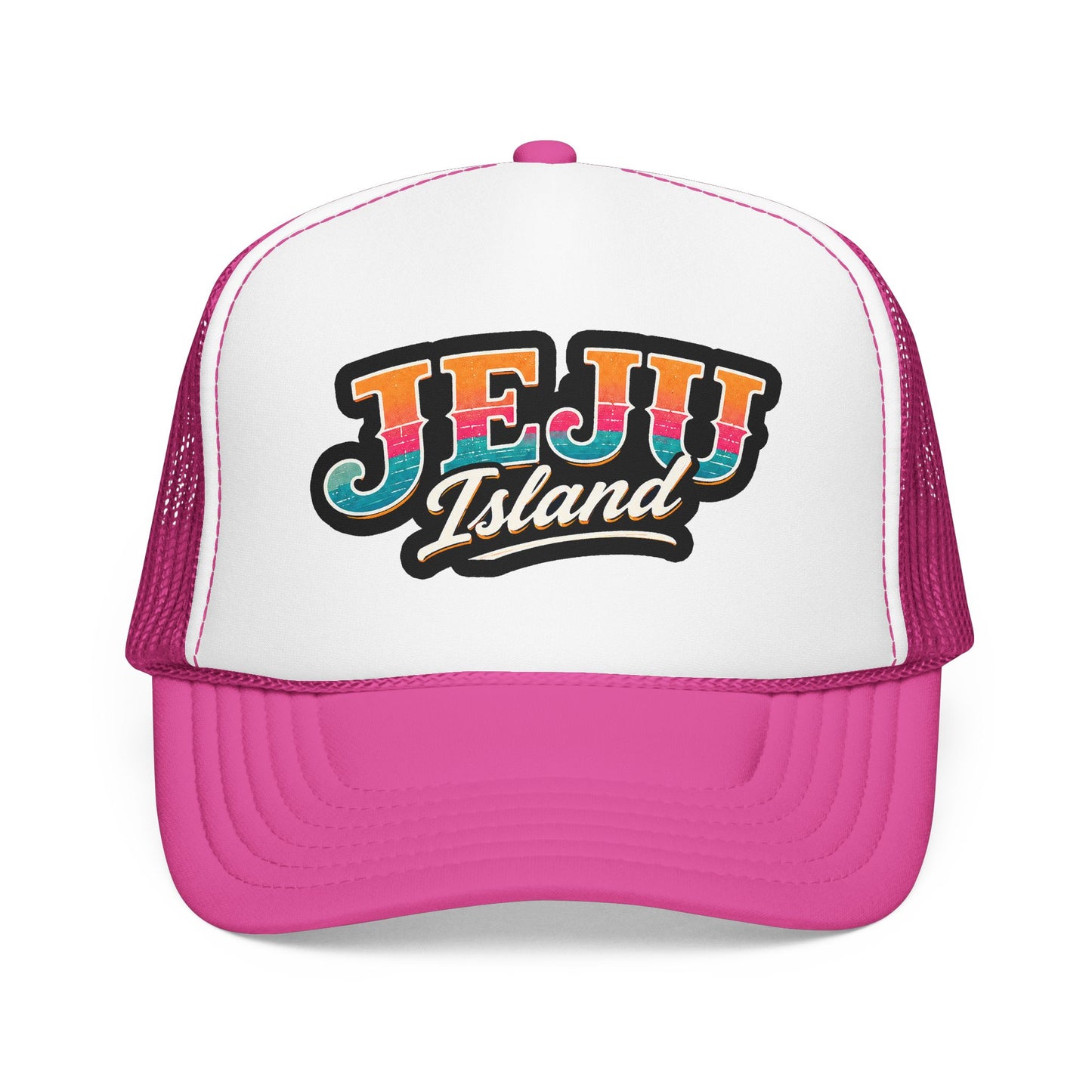 White and hot pink foam trucker hat with front “JEJU Island” logo patch